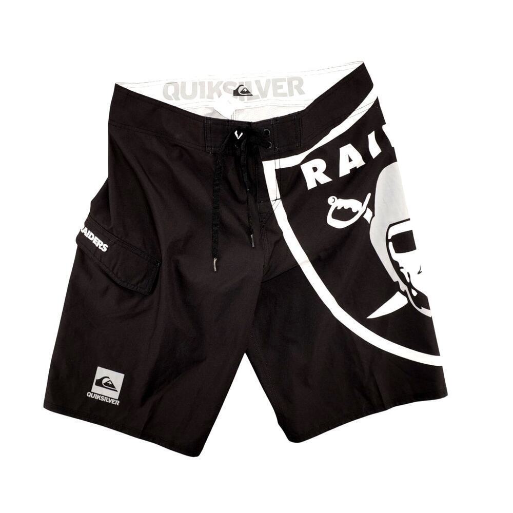 Quiksilver x Raiders Board Shorts Size 32 Black NFL Collab Swim Trunks